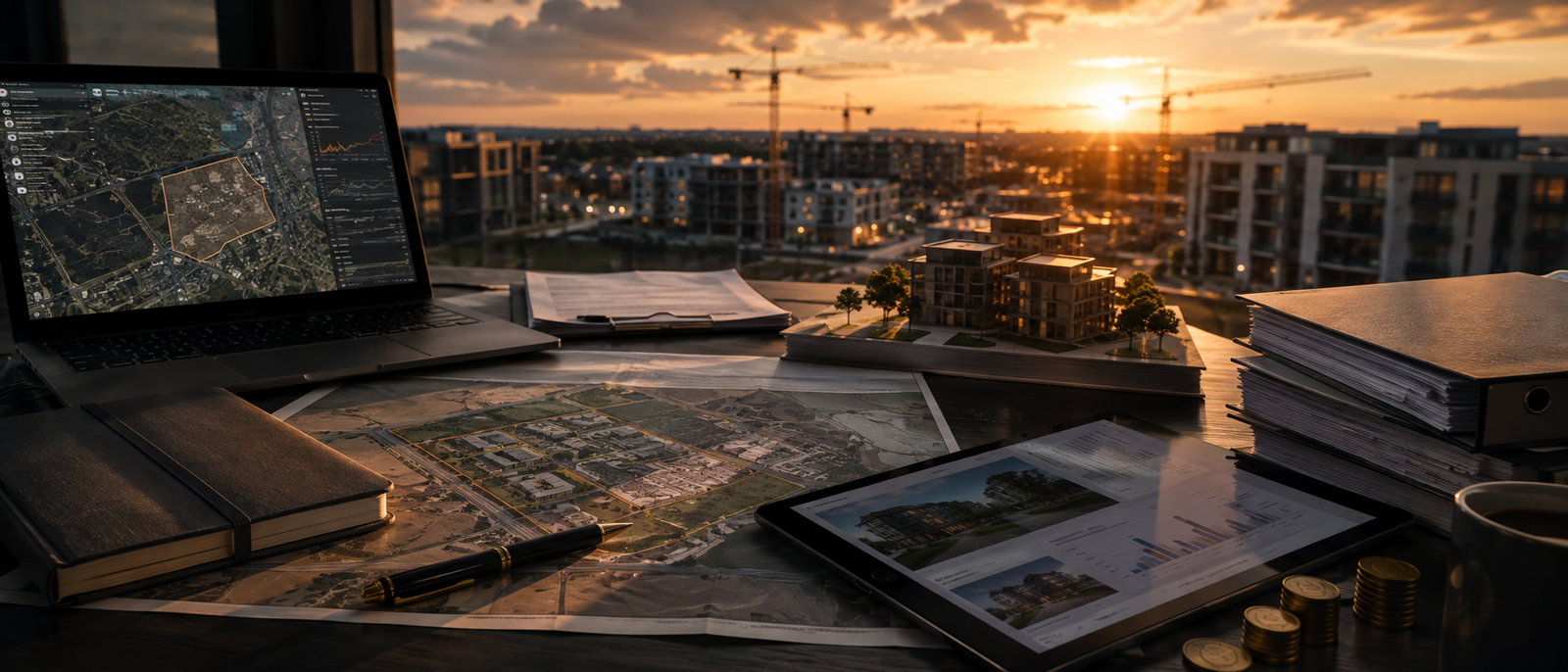 Aerial view of a UK property development at dusk